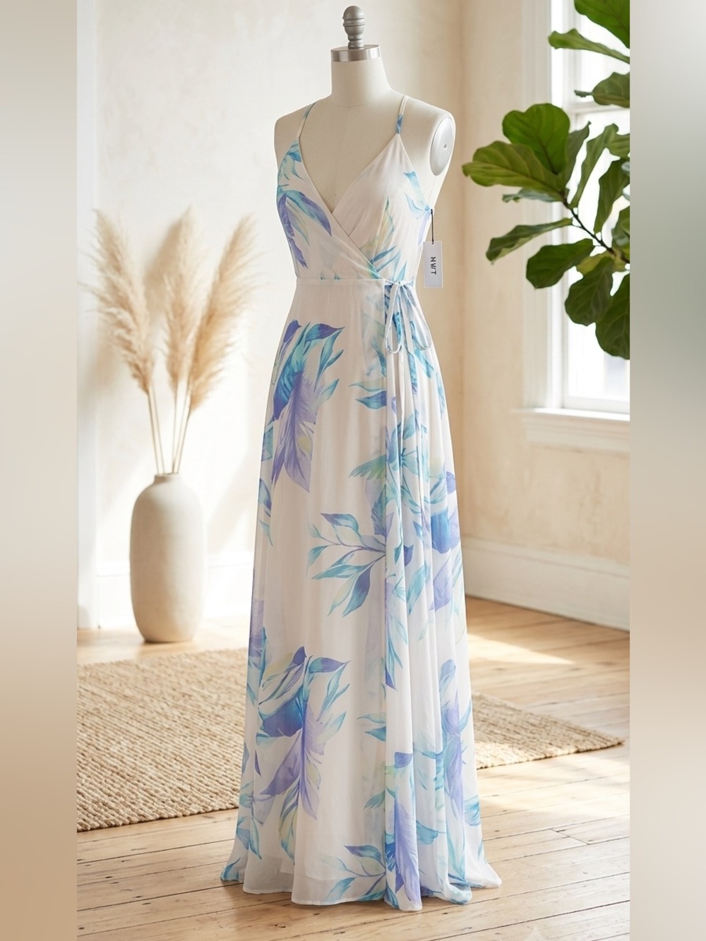 Onetheland Boho Watercolor Botanical Print Chiffon Wrap Maxi Dress NWT S M L